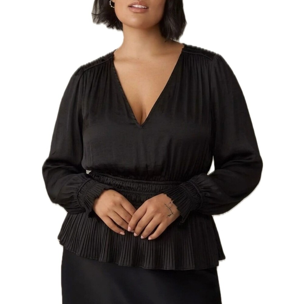 Philosophy Black Satin Pleated Smocked Blouse Size Large Long Balloon Sleeve Top